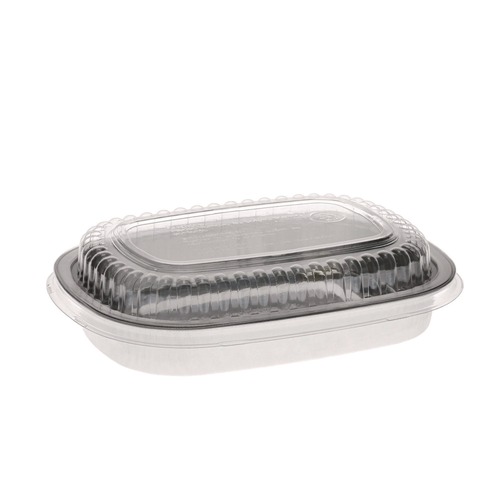 Food Trays, Containers, and Lids | Pactiv Corp. Y6708PET 8.2 in. x 6.2 in. x 1.3 in. 22 oz. Classic Carry-Out Aluminum Container with PET Dome Lid - Silver/Clear (100/Carton) image number 0
