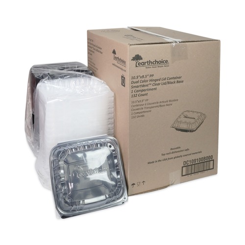 Food Service | Pactiv Corp. DC109100B000 EarthChoice 1 Compartment 66 oz. 10.5 in. x 9.5 in. x 3 in. Plastic Vented Dual Color Microwavable Hinged Lid Container - Black/Clear image number 0