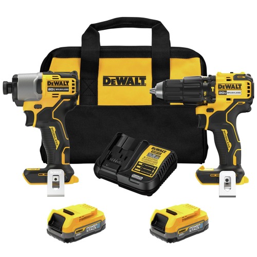 Combo Kits | Dewalt DCK228E2 20V MAX Brushless Lithium-Ion Cordless 1/2 in. Hammer Drill Driver and 1/4 in. Impact Driver Combo Kit with 2 POWERSTACK Batteries (1.7 Ah) image number 0