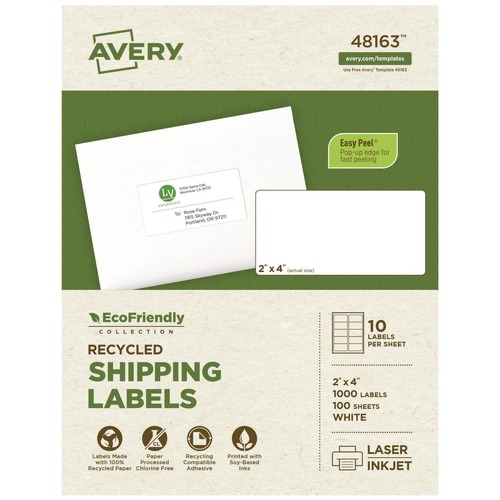 Office Jansan | Avery 48163 2 in. x 4 in. EcoFriendly Mailing Labels for Inkjet/Laser Printers - White (10/Sheet, 100 Sheets/Box) image number 0