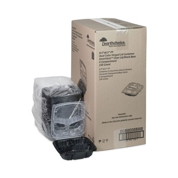 Pactiv Corp. 33 oz. 8-1/2 in. x 8-1/5 in. x 3 in. 3-Compartment EarthChoice Vented Dual Color Microwavable Hinged Lid Container - Black/Clear (150/Carton)