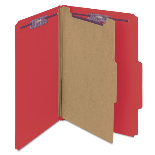 File Folders | Smead 18731 1 Divider Four SafeSHIELD Fasteners Legal Size Four-Section Pressboard Top Tab Classification Folders - Bright Red (10/Box) image number 0