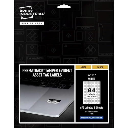  | Avery 60534 PermaTrack 0.5 in. x 1 in. Laser Printers Tamper-Evident Asset Tag Labels - White (672/Pack) image number 0