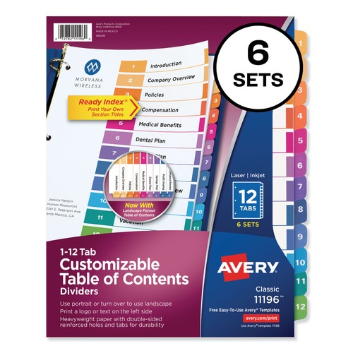  | Avery 11196 Ready Index 11 in. x 8.5 in. 12-Tab Traditional Color Customizable TOC 1 to 12 Tab Dividers - Multicolor (6/Pack) image number 0