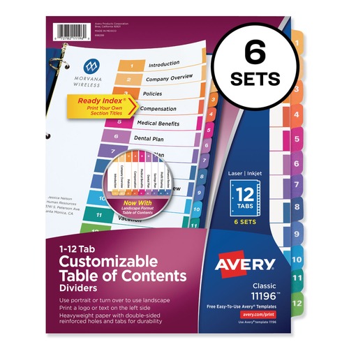 Office Jansan | Avery 11196 Ready Index 11 in. x 8.5 in. 12-Tab Traditional Color Customizable TOC 1 to 12 Tab Dividers - Multicolor (6/Pack) image number 0