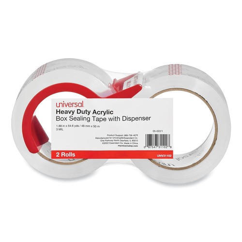  | Universal UNV31102 3 in. Core 1.88 in. x 54.6 Yards Heavy-Duty Acrylic Box Sealing Tape with Dispenser - Clear (2/Pack) image number 0