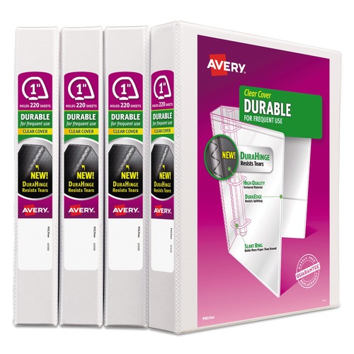 Mothers Day Sale! Save an Extra 10% off your order | Avery 17575 11 in. x 8.5 in. 1 in. Capacity 3-Rings Durable View Binder with DuraHinge and Slant Rings - White (4/Pack) image number 0