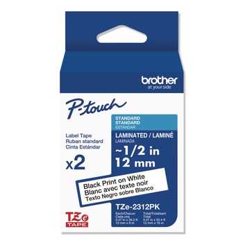 Brother P-Touch Tze Standard Adhesive 0.47 in. x 26.2 ft. Laminated Labeling Tapes - Black On White (2/Pack)