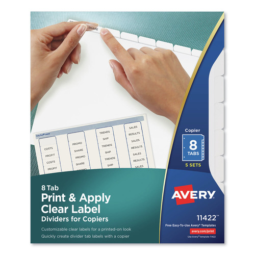 Office Jansan | Avery 11422 Index Maker 11 in. x 8.5 in. 8-Tab Copiers Print and Apply Clear Label Dividers - White (5/Pack) image number 0