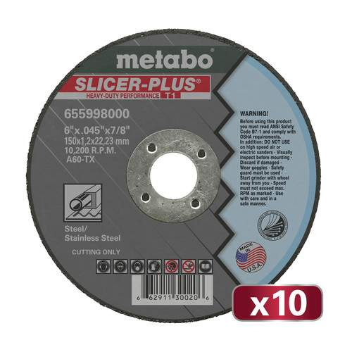 Grinding Wheels | Metabo US655998010 10-Piece SLICER PLUS A60TX 6 in. x .045 in. x 7/8 in. Cutting Wheel Set image number 0