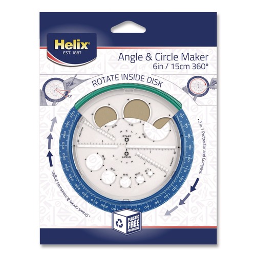 Office & Office Supplies | Maped Helix 36002 2 in. Ruler Edge Plastic 360 Degree Angle and Circle Maker 2-in-1 Protractor and Compass Tool - Random Assorted Color image number 0