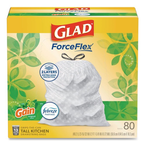 Bulk Savings Pricing 3 | Glad 78900 OdorShield 24 in. x 27.38 in. 13 Gallon Tall Kitchen Drawstring Bags - White/Gain Original Scent (80/Box) image number 0