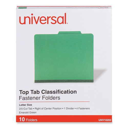 Universal UNV10202 Letter Size 1 Divider Bright Colored Pressboard Classification Folders - Emerald Green (10/Box) image number 0