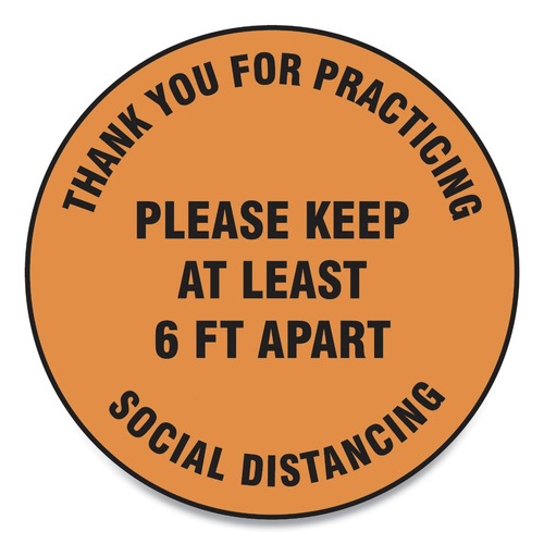 Office Jansan | GN1 MFS428ESP 12 in. Circle "Thank You For Practicing Social Distancing Please Keep At Least 6 ft. Apart" Slip-Gard Floor Signs - Orange (25/Pack) image number 0