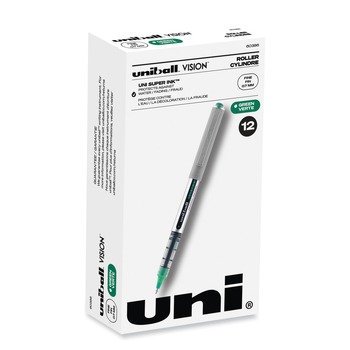 uni-ball Fine 0.7 mm VISION Stick Roller Ball Pen - Green Ink, Silver/Green/Clear Barrel (1-Dozen)