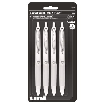 uni-ball 207 Plusplus 0.7 mm Retractable Gel Pen - Black Ink/White Barrel/Medium (4/Pack)