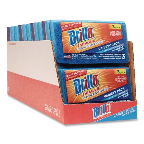 Sponges & Scrubbers | Brillo 21035 Estracell 4.5 in. x 2.75 in. Scrub Sponge Variety Pack - Blue/Purple/White (8/Carton) image number 0