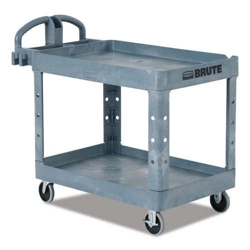 Bulk Savings Pricing 2 | Rubbermaid Commercial 2192463 BRUTE Heavy-Duty Ergo Handle Utility Cart Plastic 2 Shelves 750 lb Capacity 26-in x 55-in x 33.25-in Gray image number 0