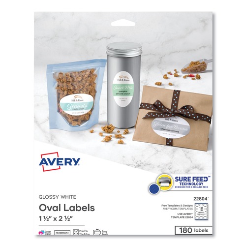 Office Jansan | Avery 22804 1.5 in. x 2.5 in. Oval Labels with Sure Feed and Easy Peel - Glossy White (180/Pack) image number 0