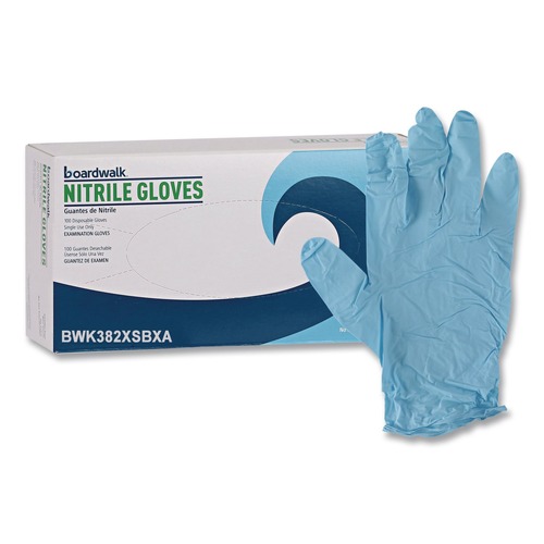 Disposable Gloves | Boardwalk 382XSBXA 9.5 in. Long 5 mil. Thick Powder-Free Disposable Examination Nitrile Gloves - X-Small Blue (100/Box) image number 0