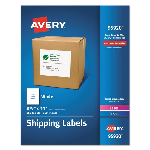  | Avery 95920 8.5 in. x 11 in. Shipping Labels-Bulk Packs - White (250/Box) image number 0