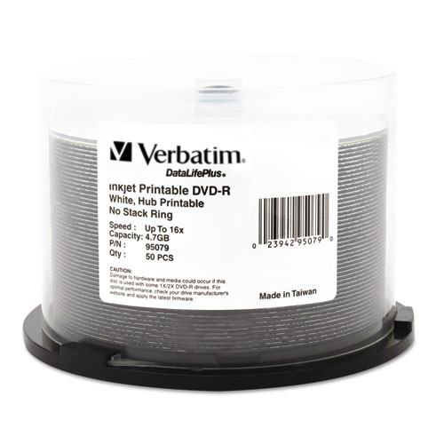 Office Electronics & Batteries | Verbatim 95079 4.7 GB 16x DVD-R DataLife Plus Printable Recordable Disc - White (50/Pack) image number 0