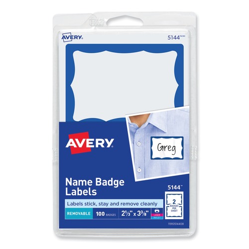 Office Jansan | Avery 05144 3.38 in. x 2.33 in. Printable Adhesive Name Badges - Blue Border (100/Pack) image number 0