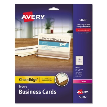 Avery 2 in. x 3.5 in. Clean Edge Business Cards for Laser Printers - Ivory (200 Cards, 10 Cards/Sheet, 20 Sheets/Pack)