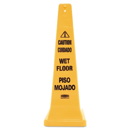 Safety Equipment | Rubbermaid Commercial FG627677YEL Four-Sided "Caution/Wet Floor" Safety Cone (Yellow) image number 0