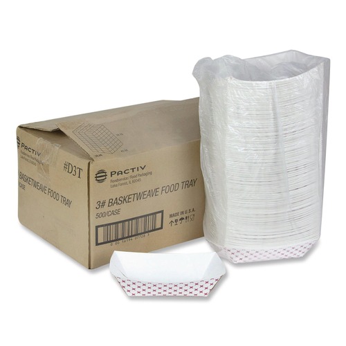 Food Trays, Containers, and Lids | Pactiv Corp. D3T 7.75 in. x 5.1 in. x 2.1 in. 3 lbs. Paperboard Food Tray - Red/White (500/Carton) image number 0