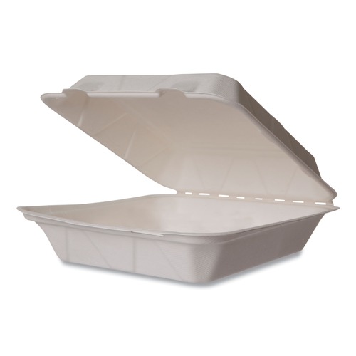 Food Trays, Containers, and Lids | Vegware WHBRG-9 HW 9 in. x 9 in. x 3 in. Molded Fiber Compostable Sugarcane Clamshell Containers - White (200/Carton) image number 0