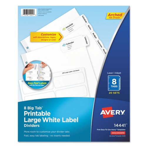  | Avery 14441 11 in. x 8.5 in. 8 Big Tab Printable Large White Label Tab Dividers - White (20/PK) image number 0
