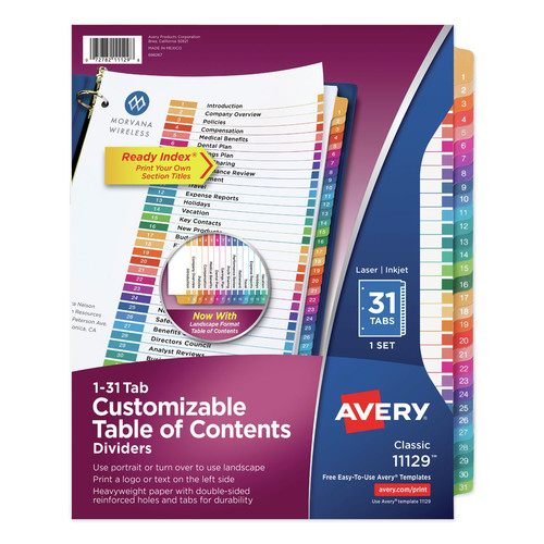 Office Jansan | Avery 11129 Ready Index 11 in. x 8.5 in. 31-Tab 1 to 31 Customizable TOC Multicolor Tab Dividers - White/Traditional Color Tabs (1-Set) image number 0