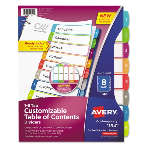 Office Jansan | Avery 11841 1 - 8 Tab 11 in. x 8.5 in. Customizable TOC Ready Index Divider Set - Multicolor (1 Set) image number 0