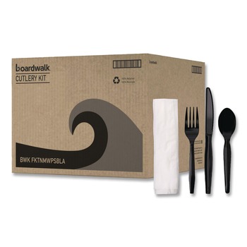 Boardwalk Mediumweight Fork/Knife/Napkin/Spoon 4-Piece Plastic Cutlery Kit - Black (250/Carton)