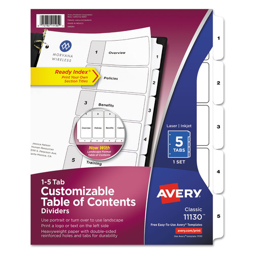 Office Jansan | Avery 11130 Ready Index 11 in. x 8.5 in. 5-Tab 1 to 5 Customizable TOC Dividers - White and Black (1-Set) image number 0