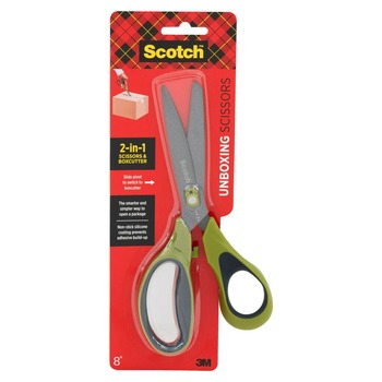 Scotch 8 in. Long 2.7 in. Cut Length Non-Stick Unboxing Scissors - Straight Green/Black Handle