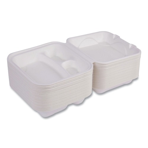 Office & Office Supplies | Eco-Products EP-HC83NFA Vanguard 8 in. x 8 in. x 3 in. 3-Compartments Renewable and Compostable Sugarcane Clamshells - White (200/Carton) image number 0