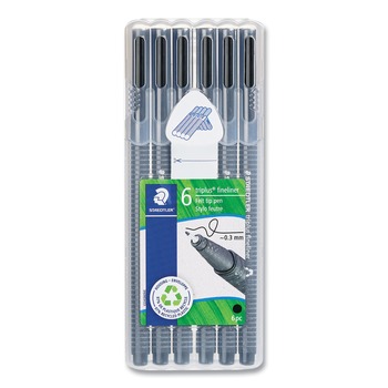 Staedtler Triplus Fineliner 0.3 mm Fine Marker Pen - Black Ink/Clear Barrel (6/Pack)
