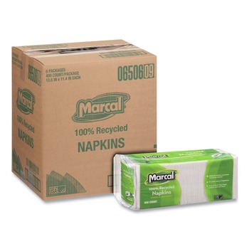 Marcal 6506 11.4 in. x 12.5 in. 100% Recycled Luncheon Napkins - White (6/Carton)