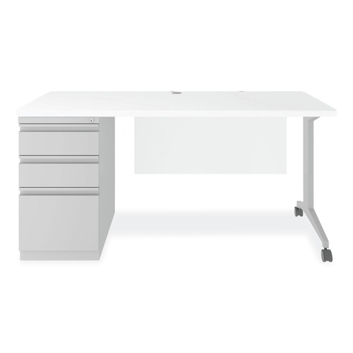 Office Desks & Workstations | Alera 26115 Modern Teacher Series 60 in. x 24 in. x 28.75 in. Left-Side Pedestal: Box/Box/File Pedestal Desk - White/Silver image number 0