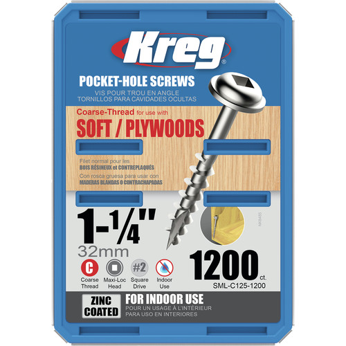 Collated Screws | Kreg SML-C125-1200 Pocket Screws - 1-1/4 in., #8 Coarse, Washer-Head, (1200 Pcs) image number 0