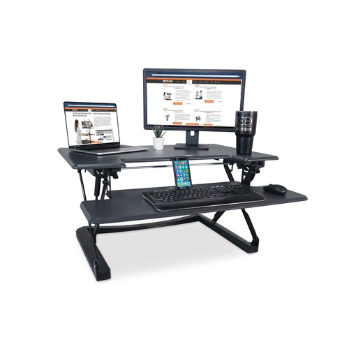 Cleaning & Janitorial Supplies | Victor VCTDCX760G 36 in. x 31.25 in. x 5.25 in. to 20 in. High Rise Height Adjustable Standing Desk with Keyboard Tray - Gray/Black image number 0