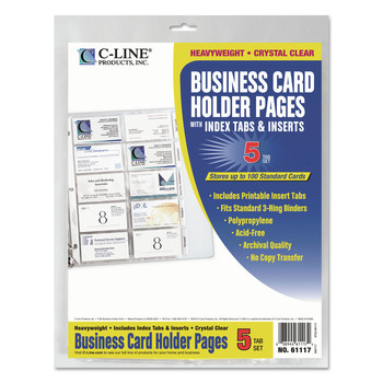 C-Line 61117 Tabbed Business Card Binder Pages, For 2 X 3.5 Cards, Clear, 20 Cards/sheet, 5 Sheets/pack