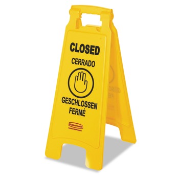 MAILROOM EQUIPMENT | Rubbermaid Commercial FG611278YEL Plastic 2-Sided 11 in. x 12 in. x 25 in. Multilingual "Closed" Sign - Yellow