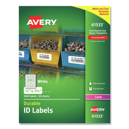 Mothers Day Sale! Save an Extra 10% off your order | Avery 61533 Durable 0.66 in. x 1.75 in. Permanent ID Labels with TrueBlock Technology - White (60/Sheet, 50 Sheets/Pack) image number 0