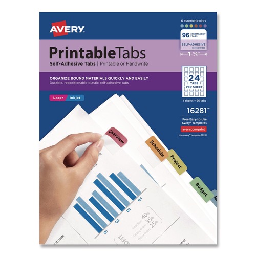 Office Jansan | Avery 16281 1.25 in. Wide 1/5-Cut Printable Plastic Tabs with Repositionable Adhesive - Assorted Colors (96/Pack) image number 0
