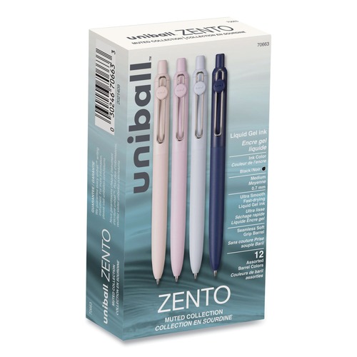 Pens | uni-ball 70663 Medium 0.7 mm Zento Retractable Gel Pen - Black Ink, Assorted Barrel (1-Dozen) image number 0