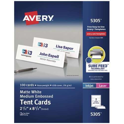 Office Jansan | Avery 05305 8.5 in. x 2.5 in. Medium Embossed Tent Cards - White (2 Cards/Sheet, 50 Sheets/Box) image number 0