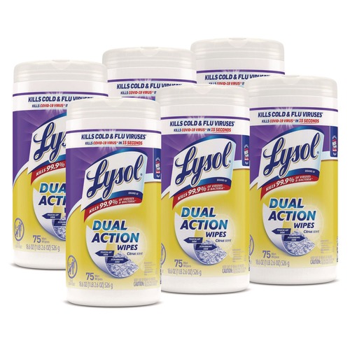 Hand Wipes | LYSOL Brand 19200-81700 7 in. x 7.5 in. 1-Ply Dual Action Disinfecting Wipes - Citrus, White/Purple (6 Canisters/Carton) image number 0